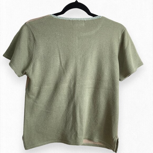 Vintage 90's T-Shirt Top Green White Beige Crochet Boho Grandma - Picture 6 of 8